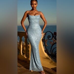 NWT OH POLLY KRYSTELLE EMBELLISHED BLUE MAXI DRESS SIZE 2